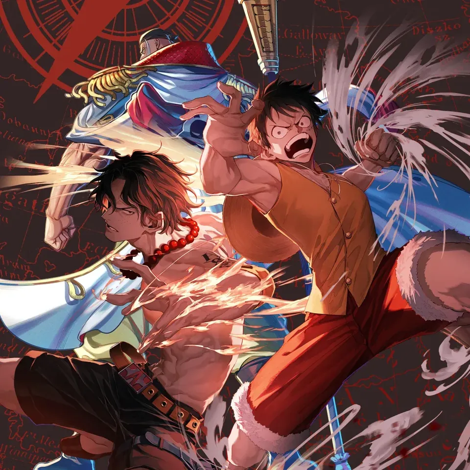Luffy, Ace and Garp key art from the One Piece Card Game The Time of Battle set